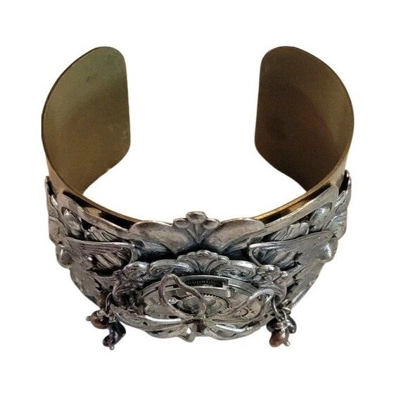 Steampunk Large Cuff Bracelet Brass & Silver Tone Watch Gear Art Nouveau Design - Picture 3 of 11